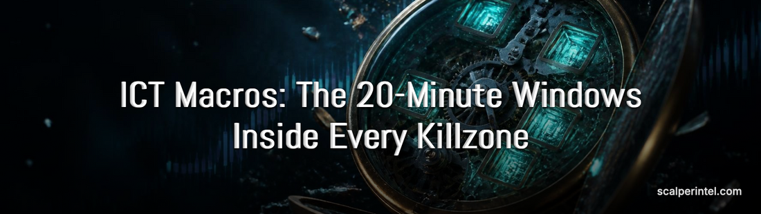 A brass pocket watch cracked open with four small windows lit from within, representing ICT macro time windows